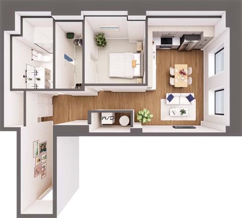 Floor plan for 1 bed, 1 bath, 875 sqft